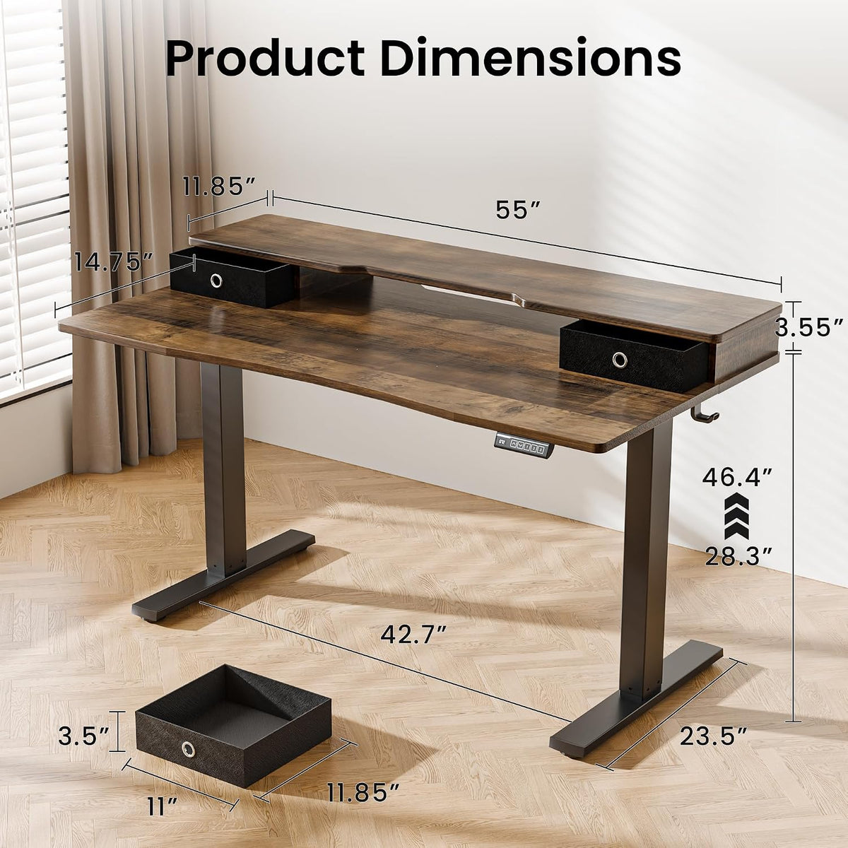 Realbear 55x26 Inch Electric Standing Desk with Drawers, Rustic Walnut