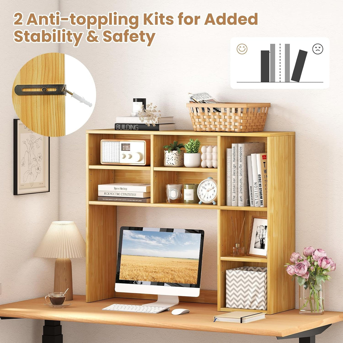 GOFLAME 7 Cubes Desktop Bookshelf, 37” Desk Organizer Shelf with 3 Adjustable...