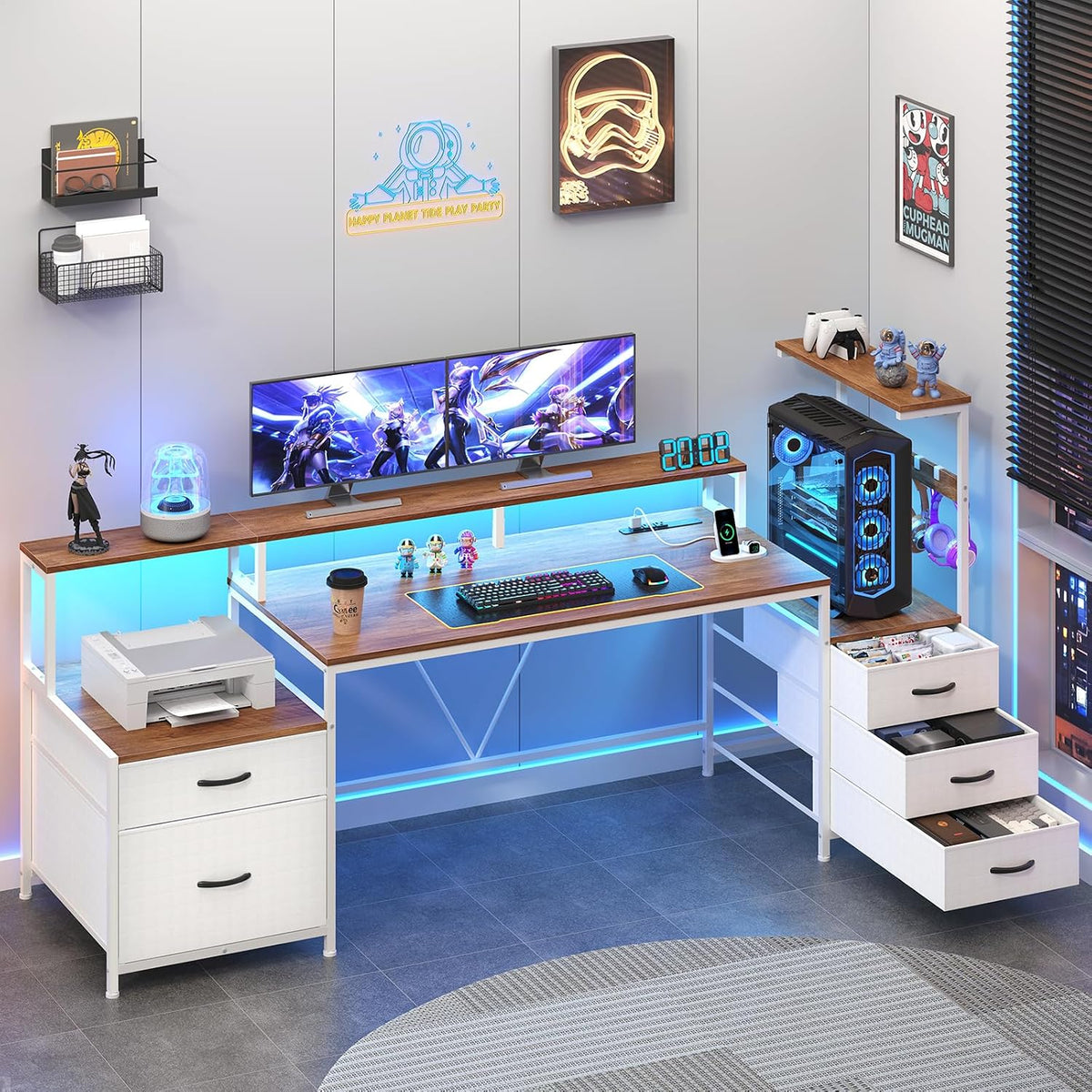 63" Computer Desk with Drawers, Storage Shelves and Printer Stand