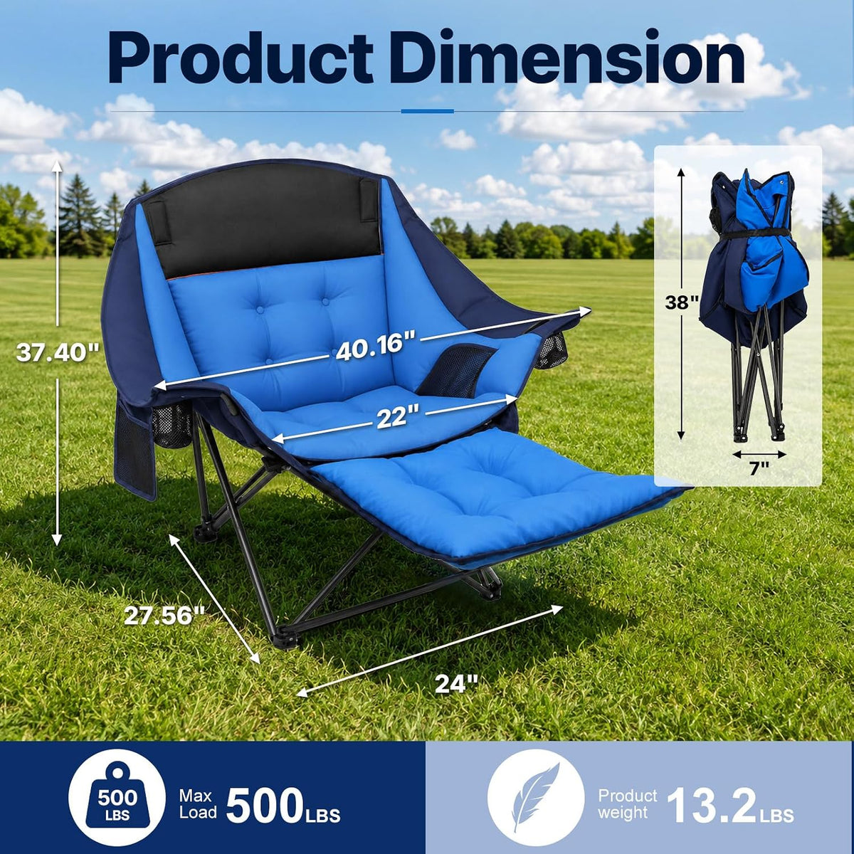 Suteck Camping Chair with Foot Rest, Oversized Padded Folding Chairs, Blue