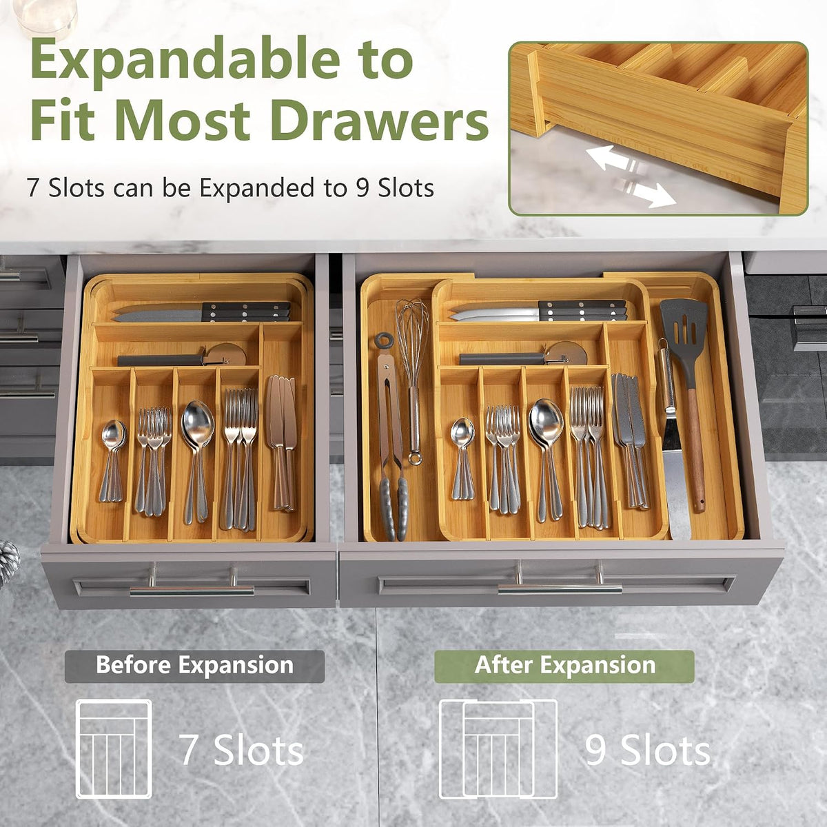Suli Extra Large Silverware Drawer Organizer,Expand 12.6in to 19.7in,Bamboo