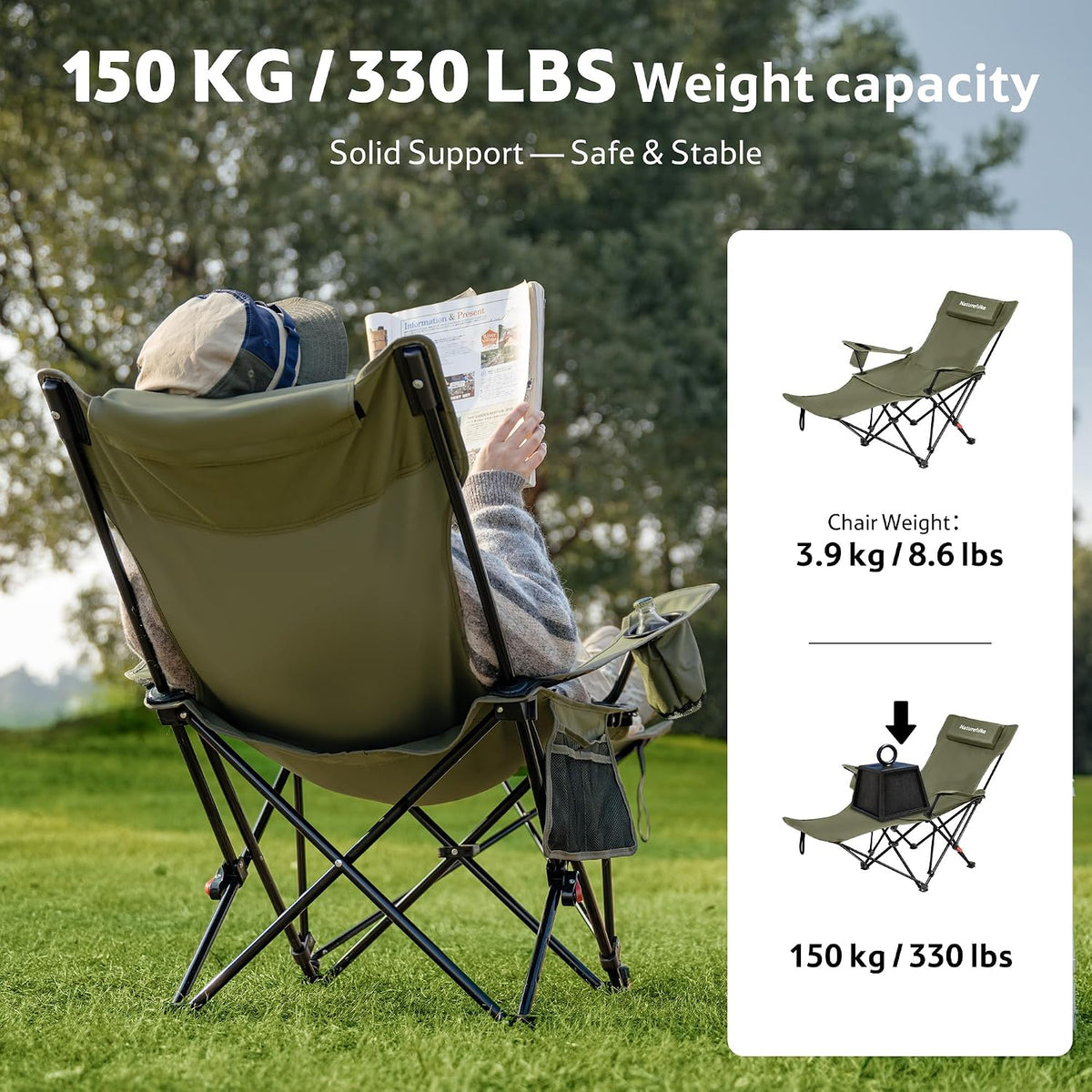 Naturehike 3-Position Adjustable Recliner with Footrest, Heavy Duty Folding C...