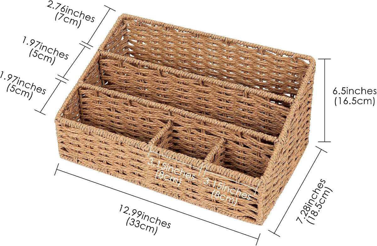 Woven Desk Organizer Basket with 5 Compartments, Rustic Paper Rope Mail Holde...