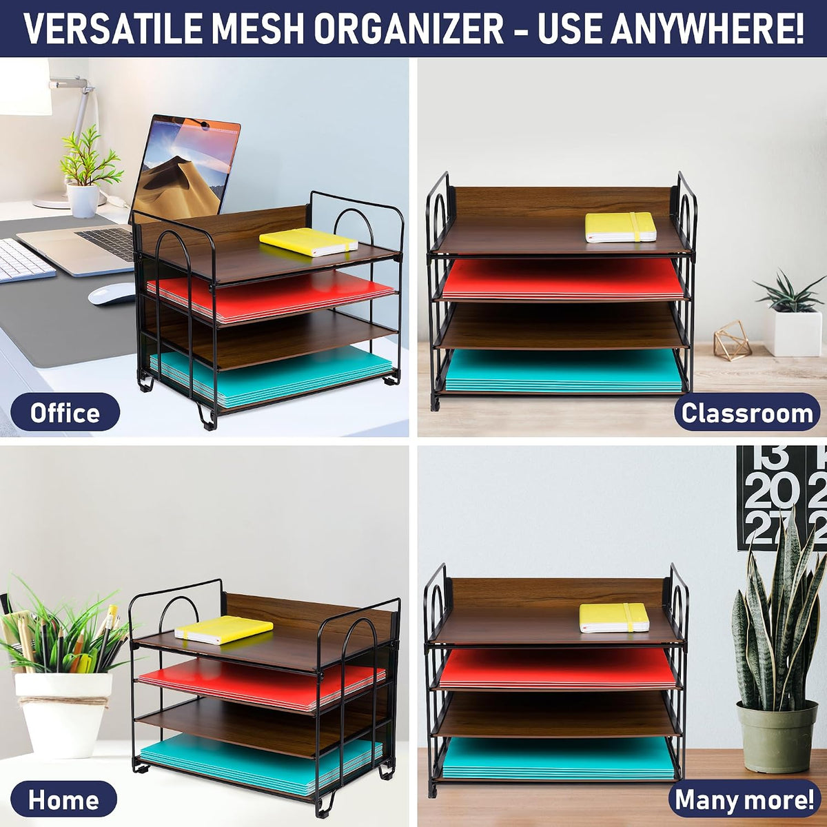 4-Tier Office Organizer, Desk File Organizer with Wood Patterned Shelves, Off...
