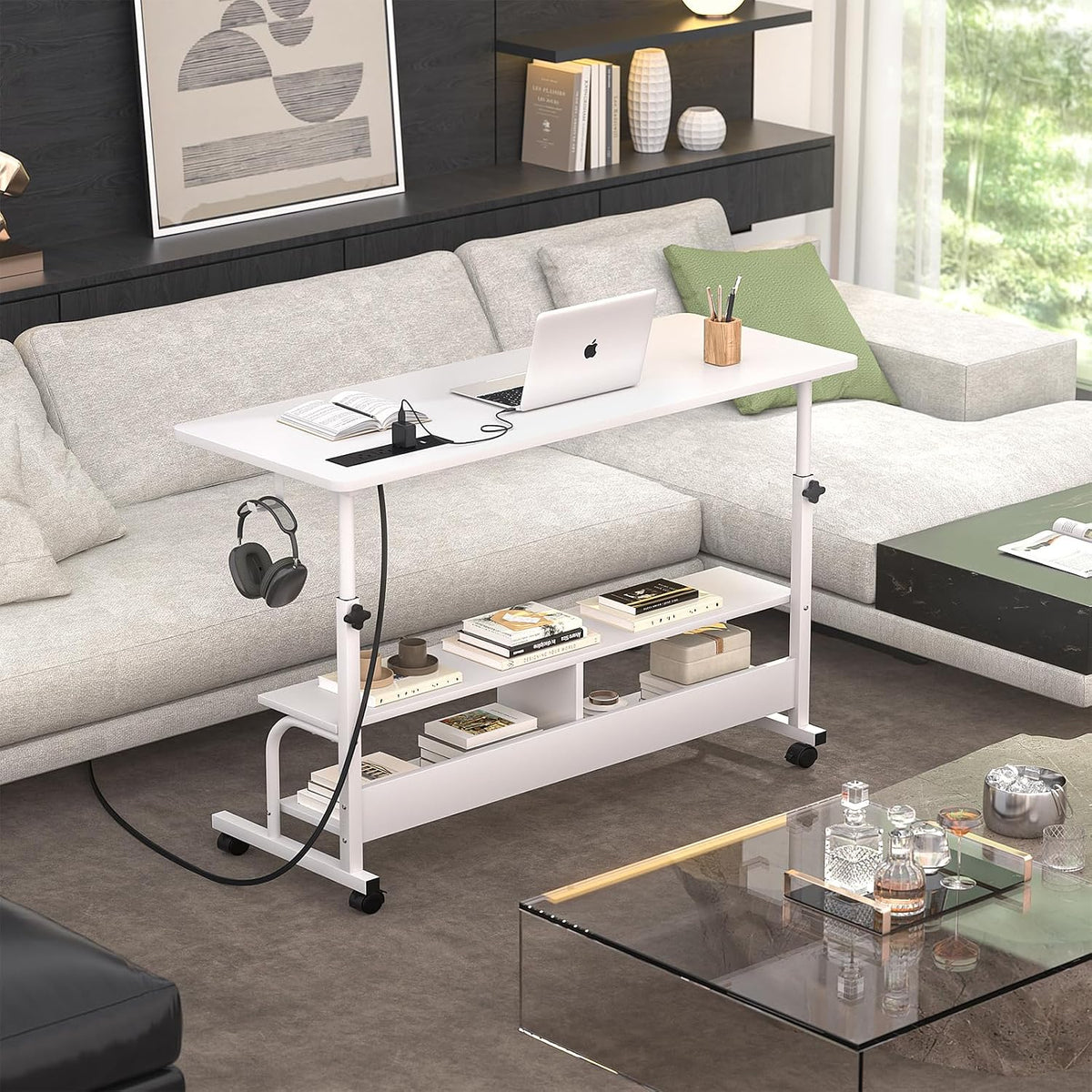 Armocity 47" Rolling Standing Desk with Charging Station for Couch Bed