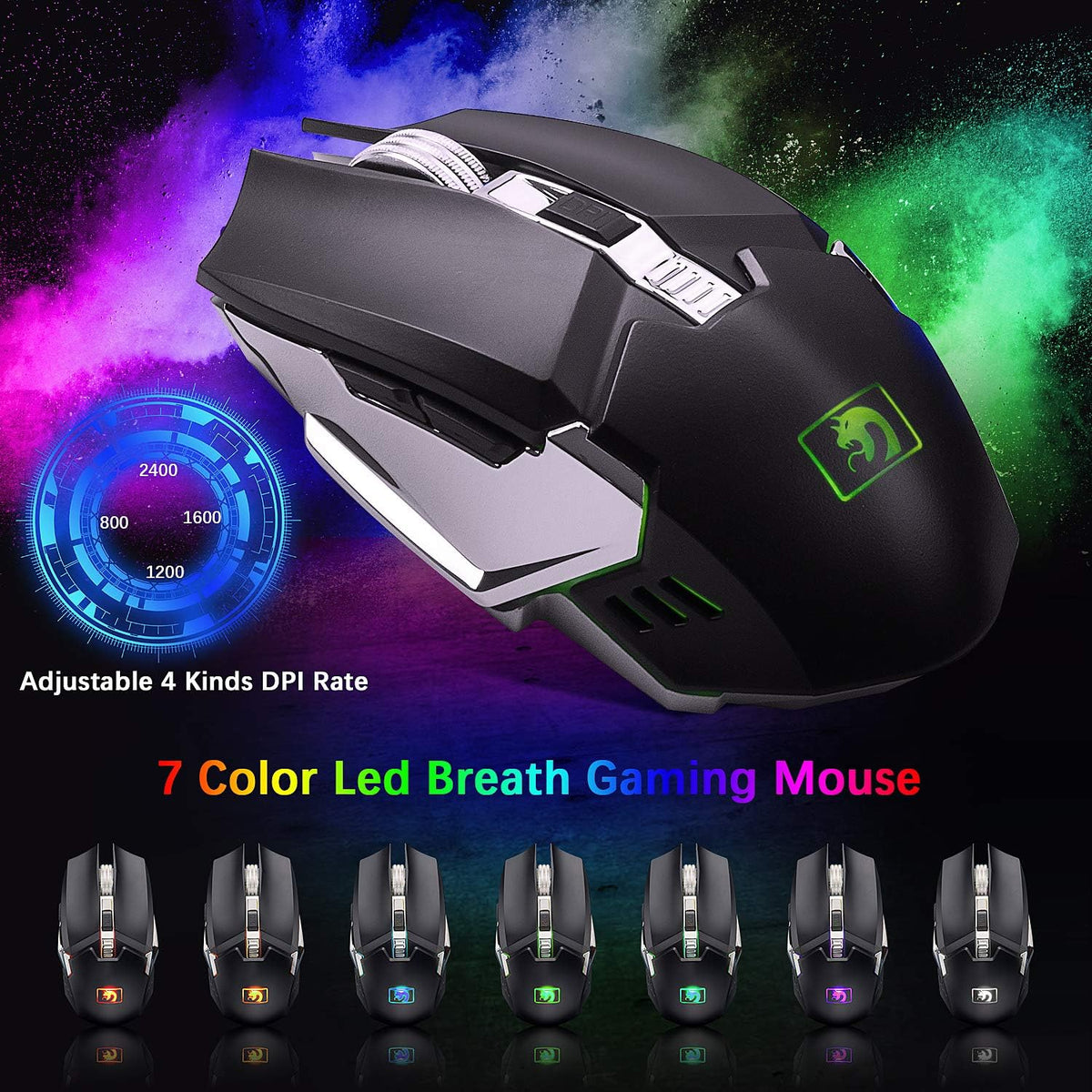 Wireless Gaming Keyboard and Mouse Combo,3 in 1 Rainbow LED Rechargeable Keyb...
