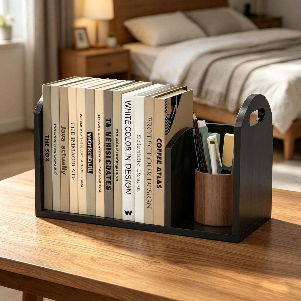 Wood Desktop Bookshelf, Upright Tabletop Book Shelf With Adjustable Divider S...