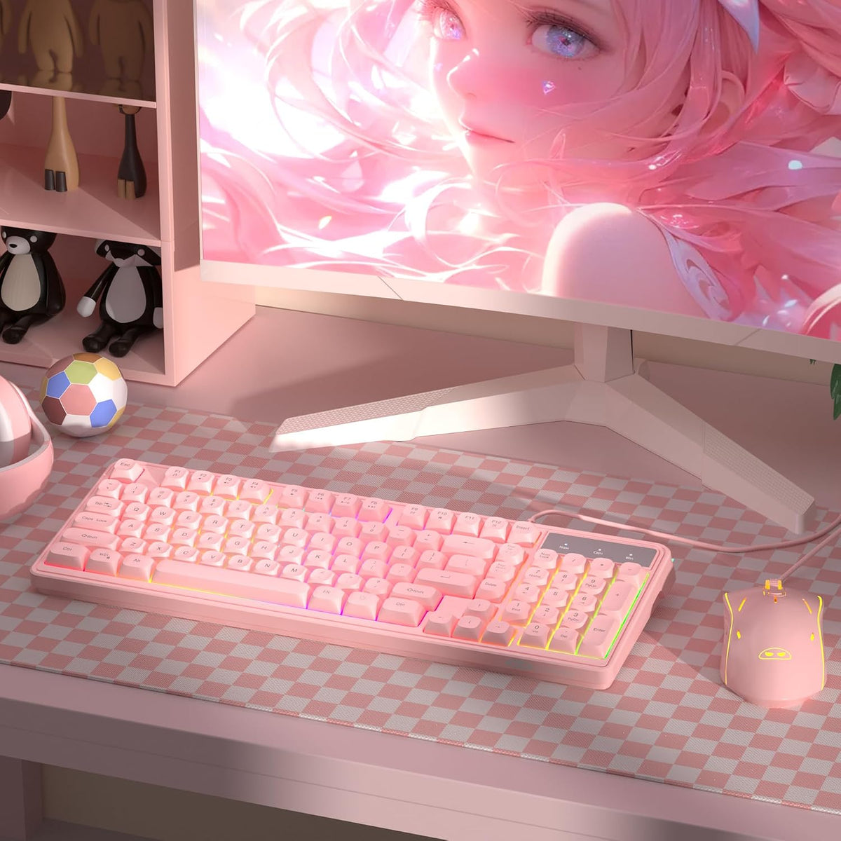 Pink Creamy Keyboard and Mouse Combo,MageGee GK980 Wired RGB Backlit Keyboard...