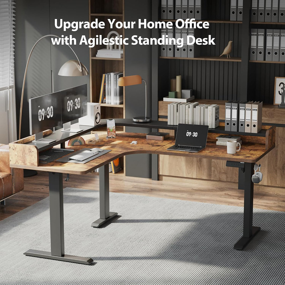 Agilestic L Shaped Standing Desk with Monitor Shelf, 63 Inch, Rustic Brown
