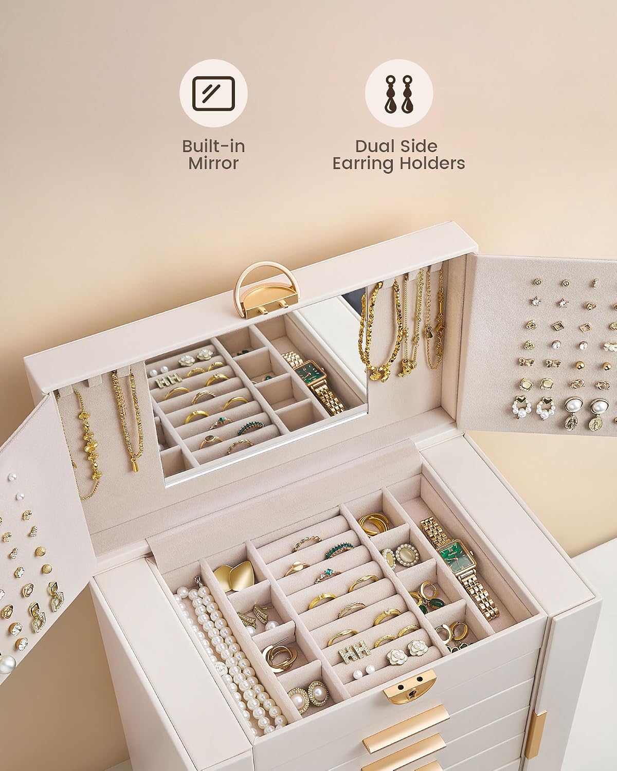 Lolalet Large Jewelry Box, 8-Layer Jewelry Organizer with 7 Drawers -Beige