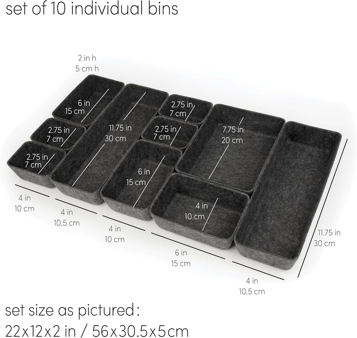 Three by Three Seattle Recycled Felt Storage Bins Set of 10 (Charcoal)