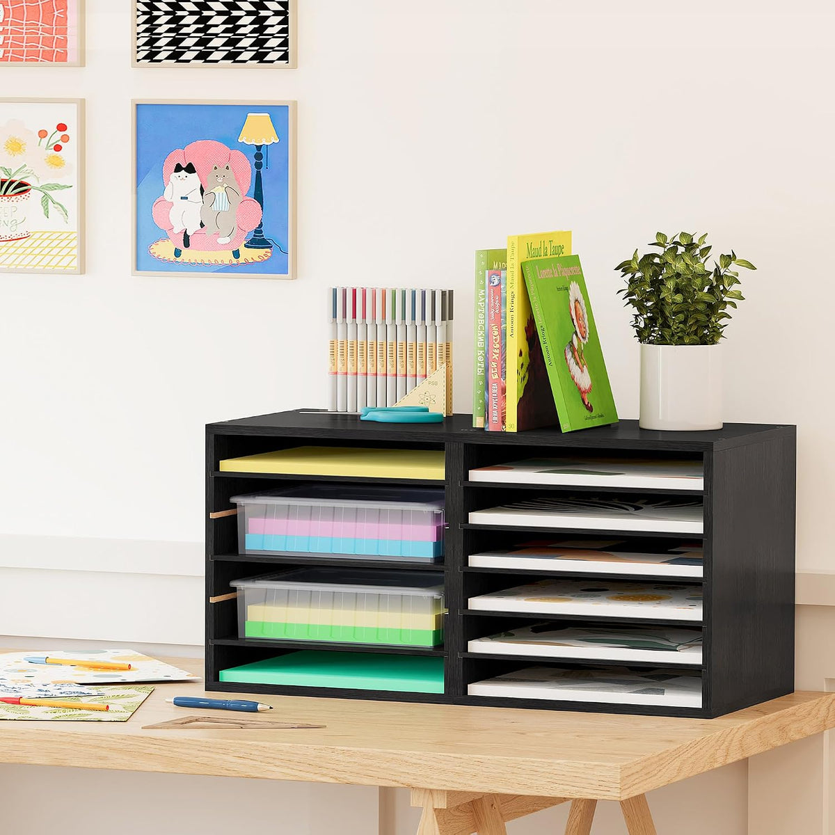 Alpeir Scrapbook Paper Storage Organizer with Adjustable Shelves, Black