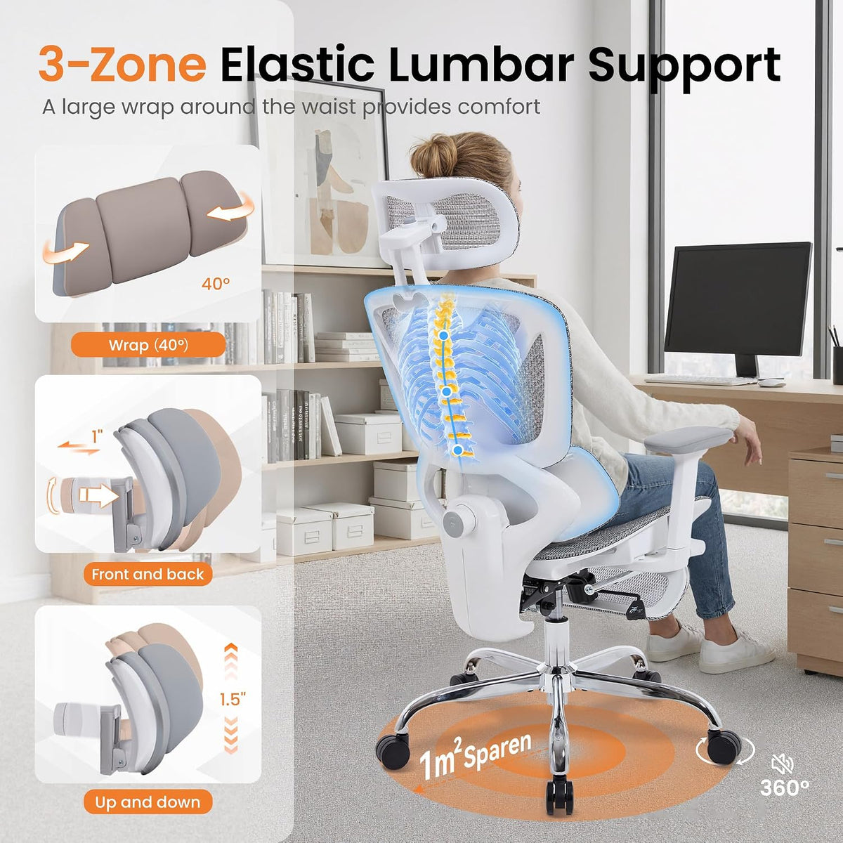 LuxErgo Big & Tall Ergonomic Mesh Office Chair 350lbs, High Back Reclinin...