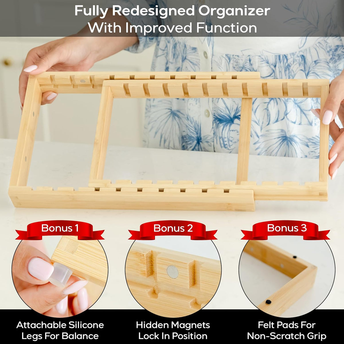 Pot and Pan Organizer for Under Cabinet – Bamboo Pot Lid Organizer for Cabine...
