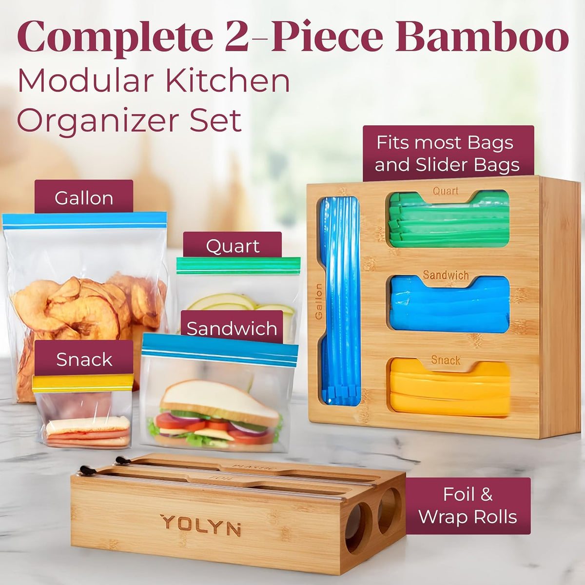 Bamboo Food Storage Bag Organizer for Drawer with Foil & Plastic Wrap Dis...