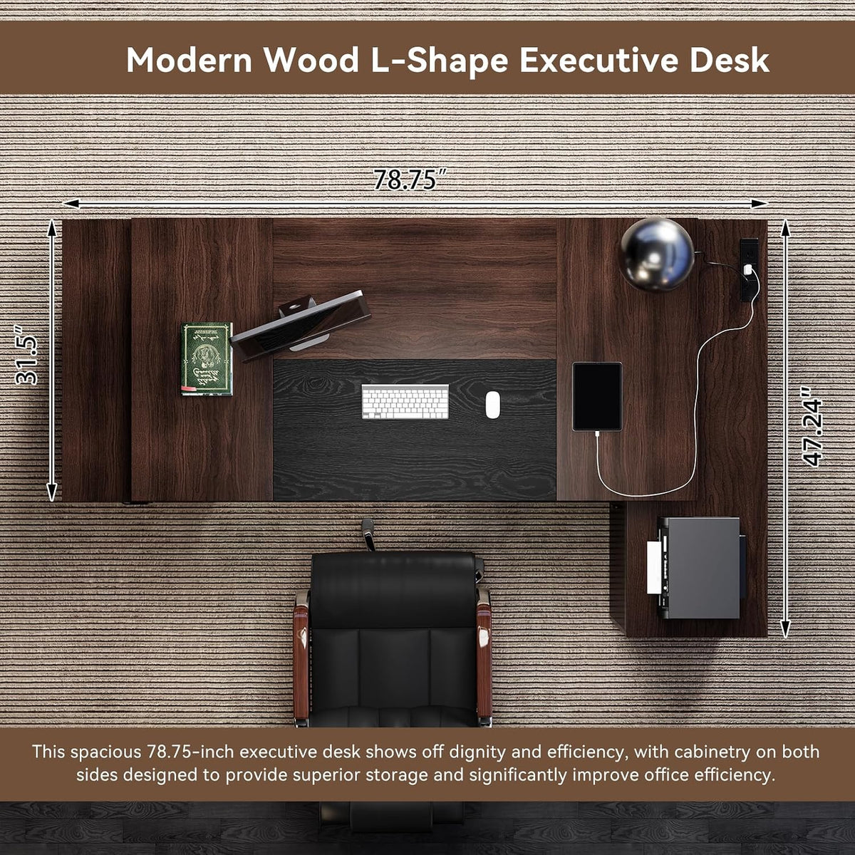 Epecoya 78-Inch Executive L Shape Desk with Storage, Dark Brown Black