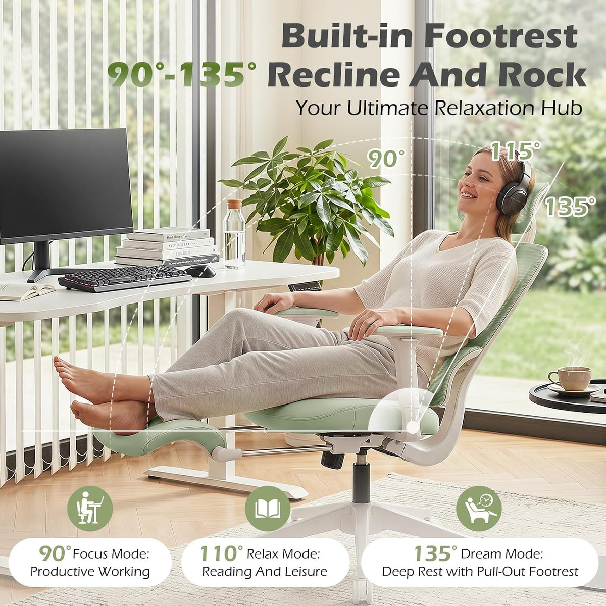 Ergonomic Office Chair with Footrest and Dynamic Lumbar Support, Green