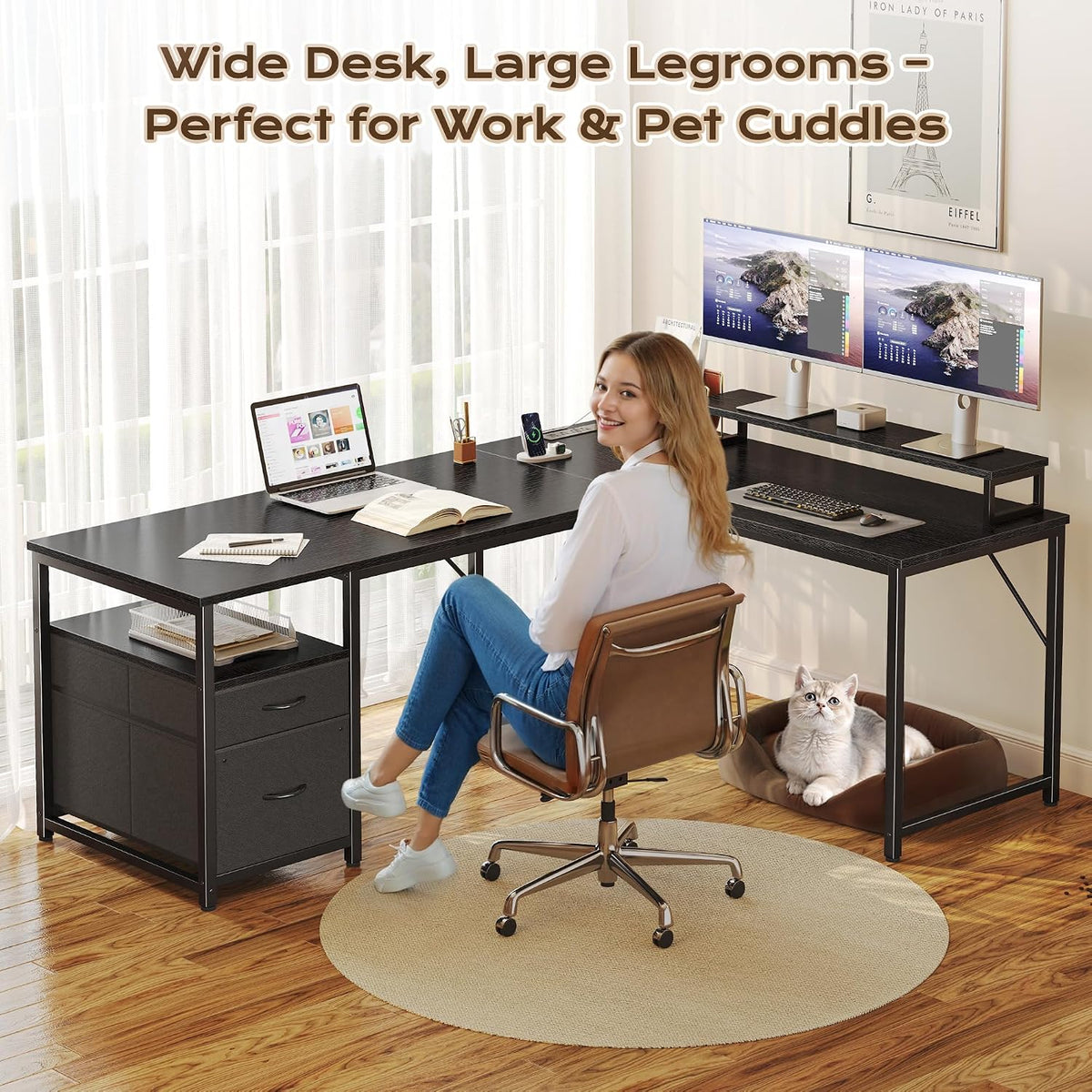 PRAISUN 55 Inch L Shaped Desk with Power Outlets and USB-C Port, Computer Cor...