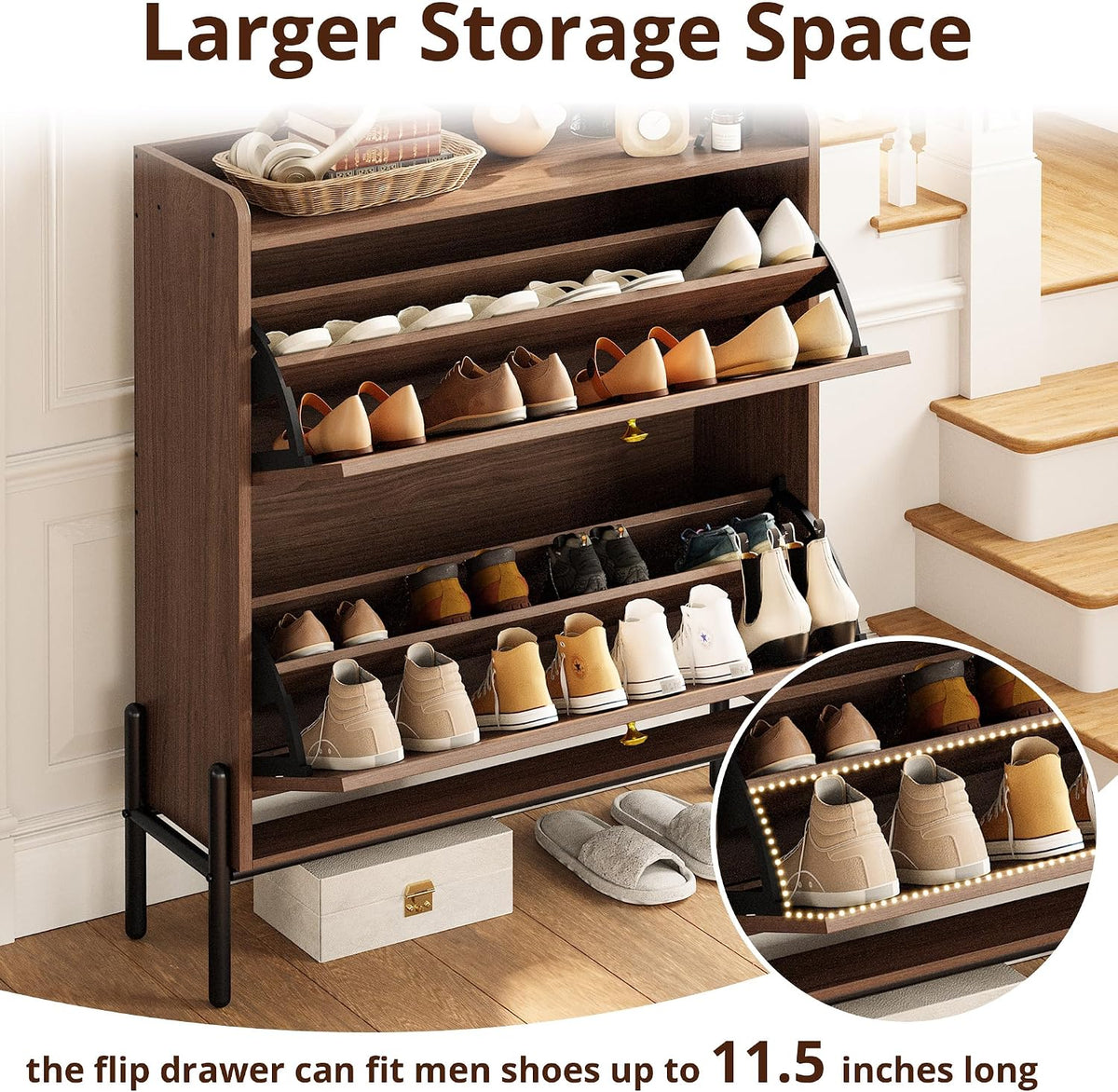 IRONCK Rattan Shoe Cabinet Storage with 2 Flip Drawers, Walnut