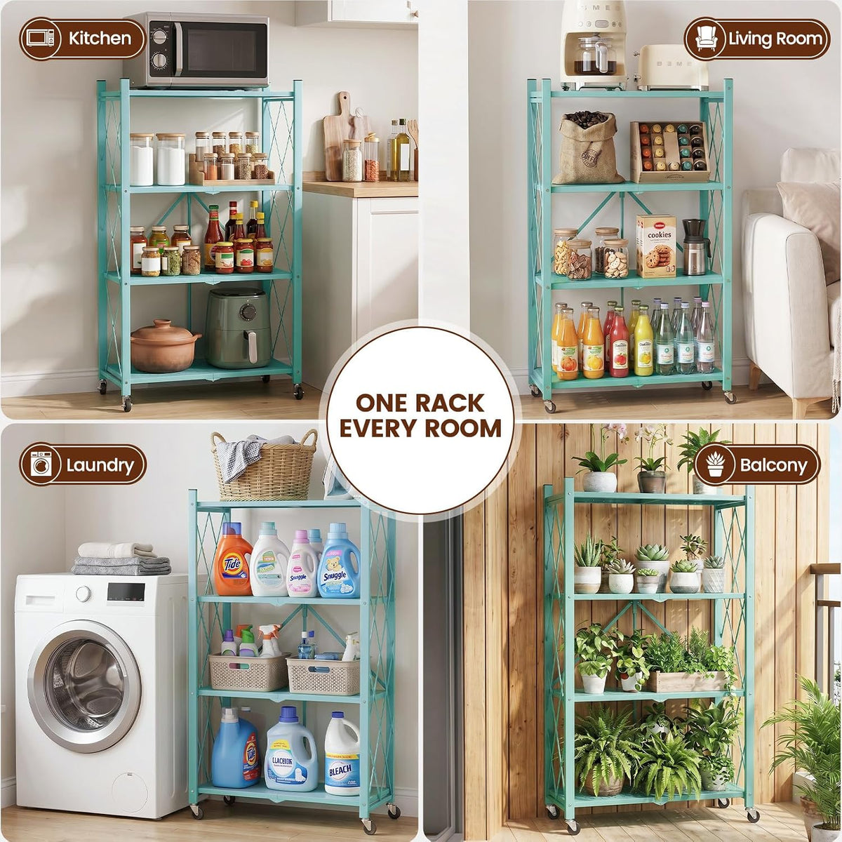 ALANNG 4 Tier Folding Shelf with Wheels, No Assembly Metal Storage Rack