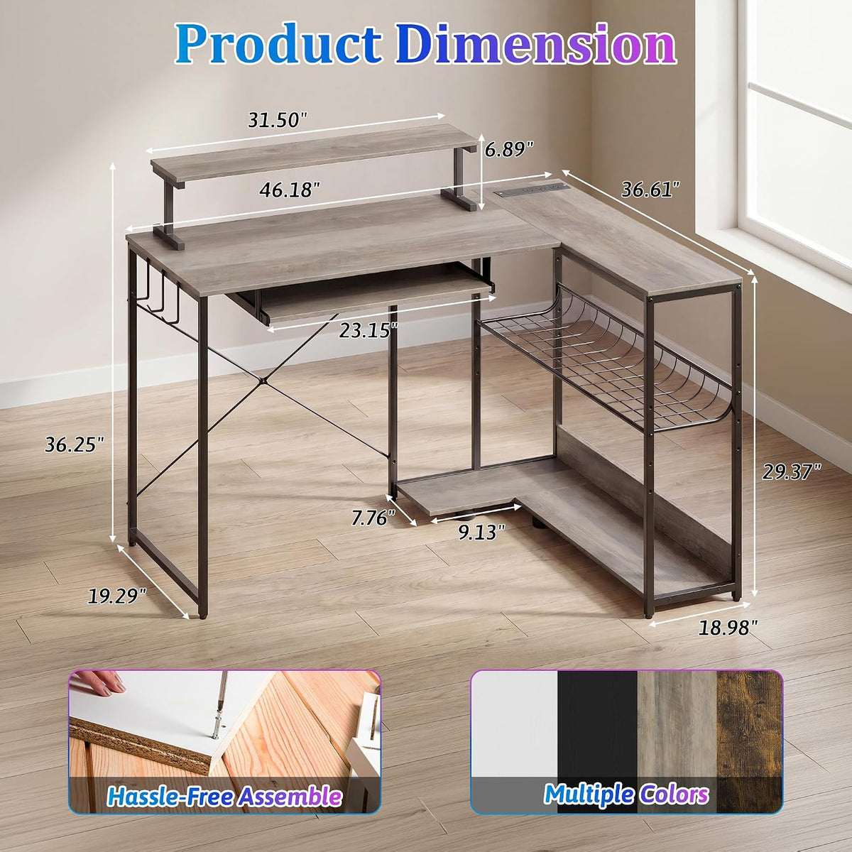 L Shaped Gaming Desk with Power Outlets & RGB LED Lights, 46" Corner...