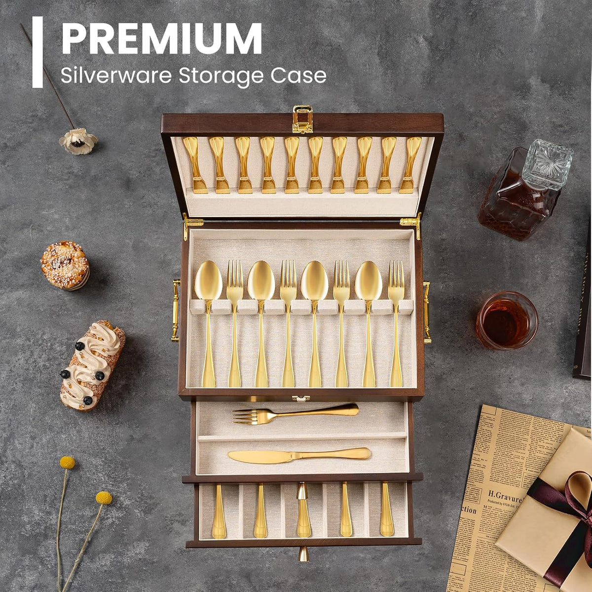 Silverware Storage Box, 3-Layer Flatware Storage Case with Drawer, Wooden Sil...