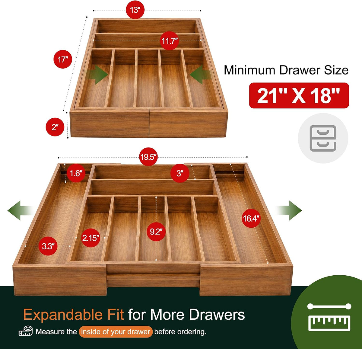 Large Premium Acacia Silverware Organizer - Expandable Drawer Organizer &...