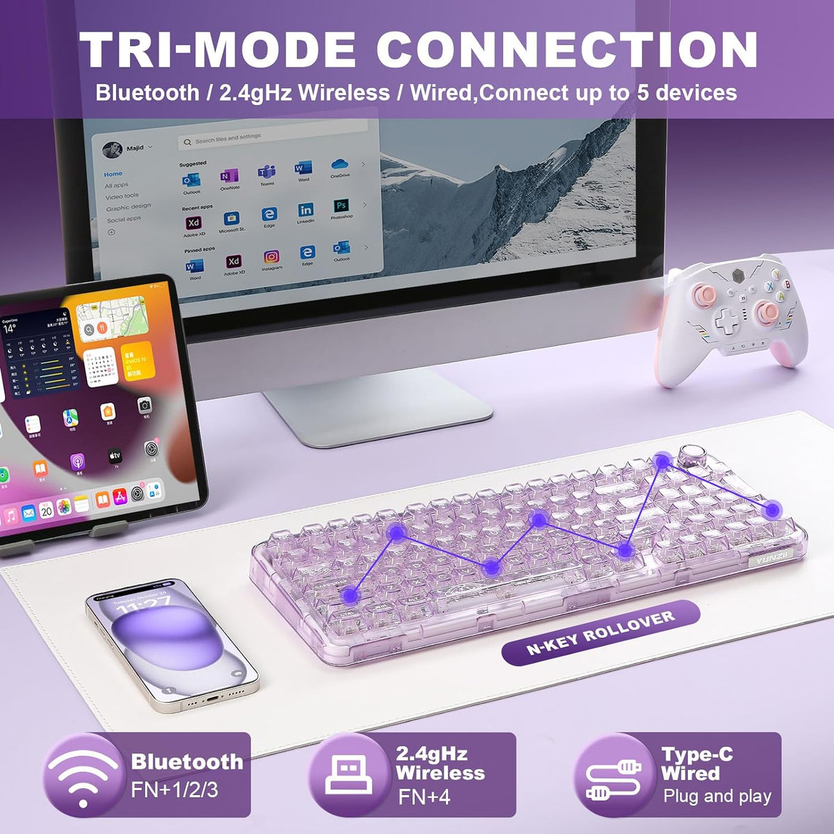 YUNZII X98 Wireless Mechanical Keyboard with Knob (Purple, Crystal Switch)