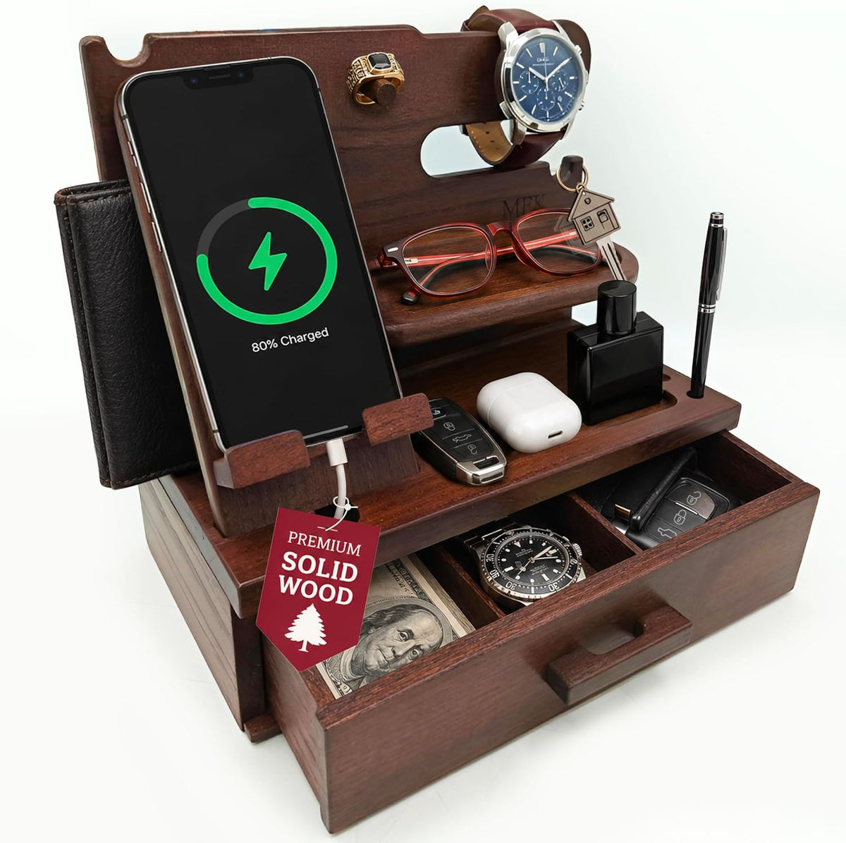 Bourbon Brown Wood Nightstand Organizer Docking Station Key, Wallet & Watch