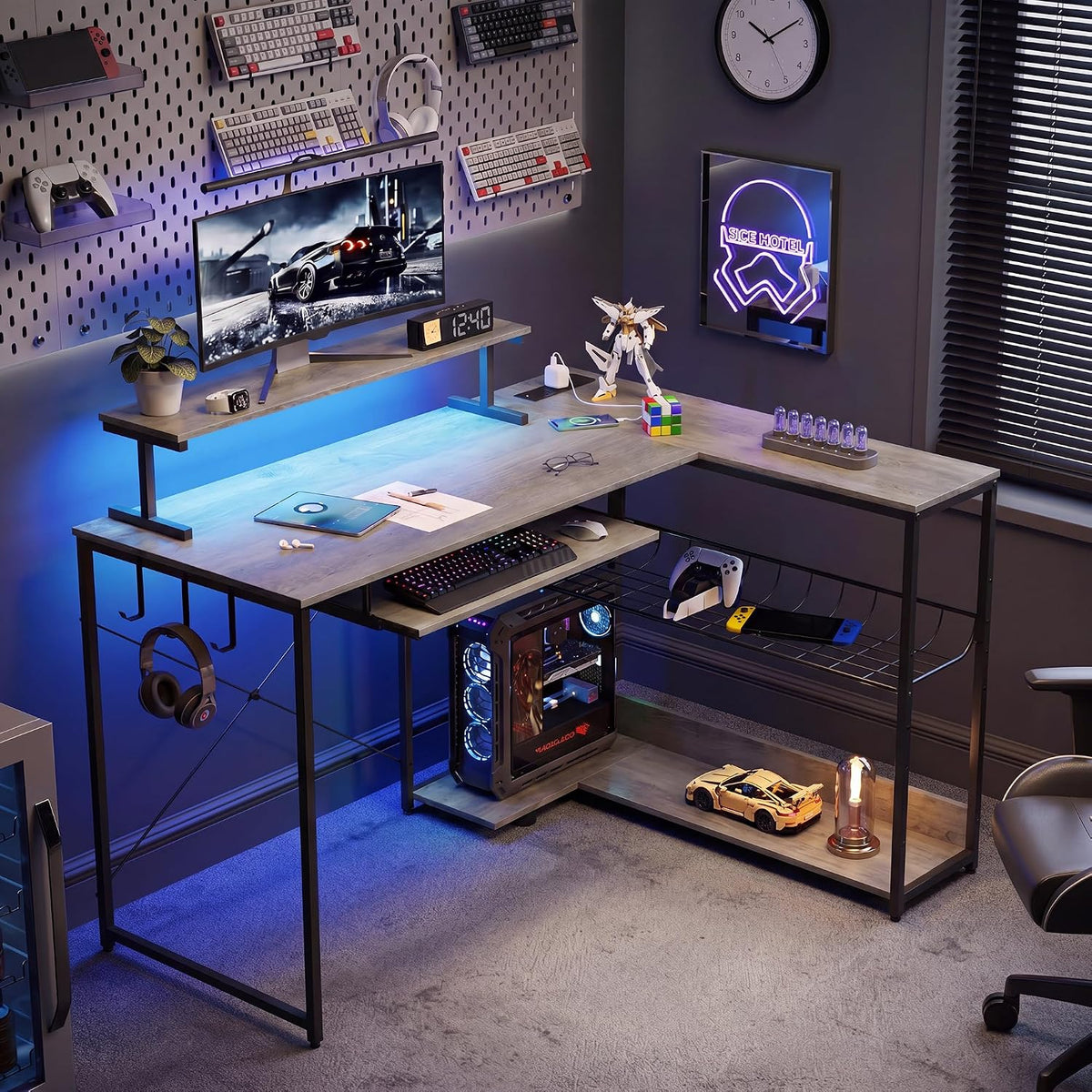 L Shaped Gaming Desk with Power Outlets & RGB LED Lights, 46" Corner...