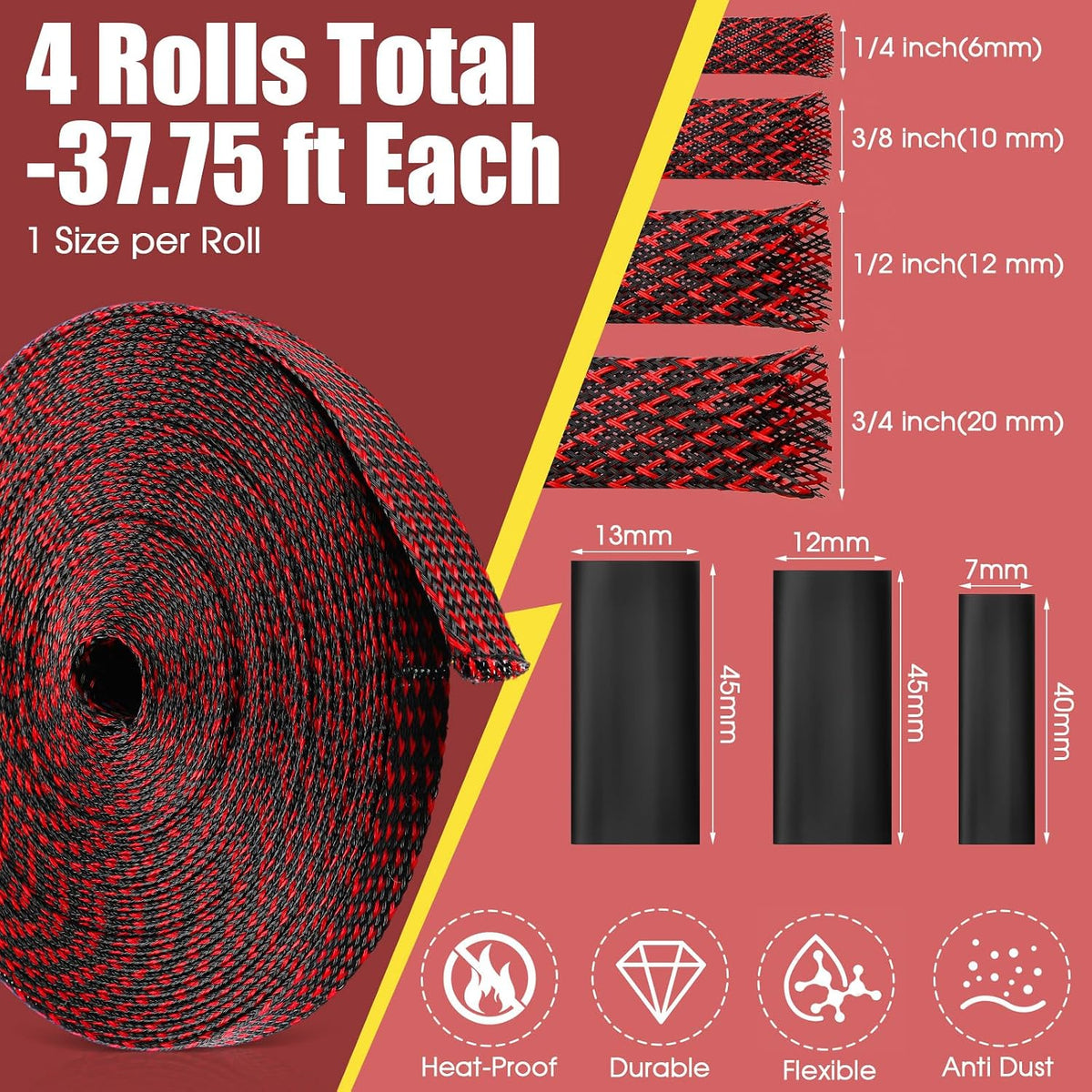 Tatuo 151 ft Braided Cable Sleeve Expandable Wire Sheathing(Red, Black)
