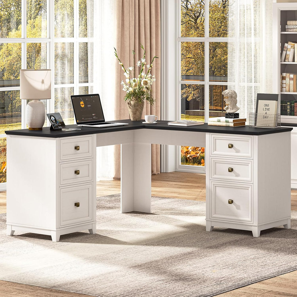 Vabches Farmhouse L Shaped Executive Desk with 6 Drawers, 59’’ Wood Home Offi...