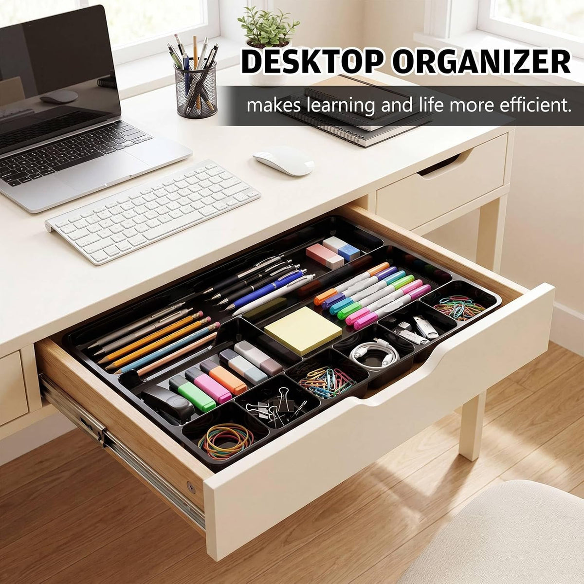 Junkin 4 Pcs Desk Drawer Organizer Tray 14" x 9" x 1",Black