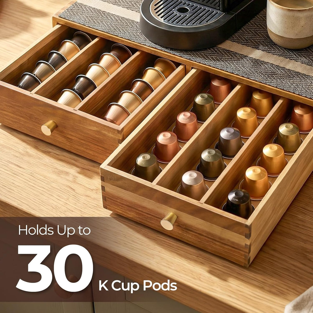 K Cup Organizer Drawer, Acacia Wood Coffee Pod and Tea Bag Storage Box