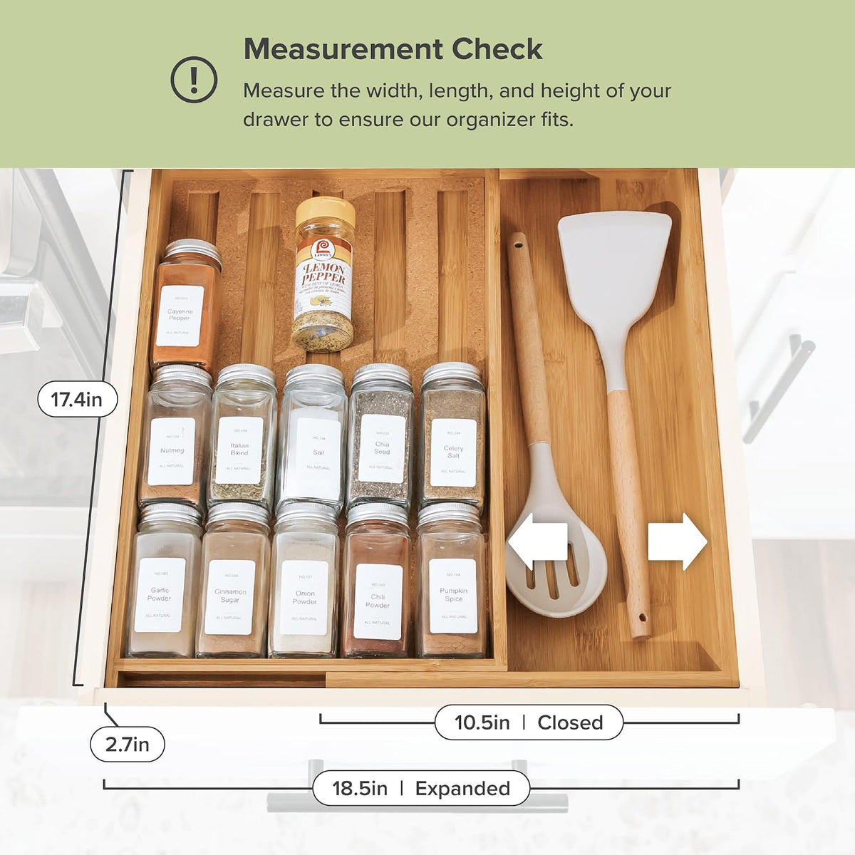 KitchenEdge Expandable Spice Drawer Organizer, Bamboo