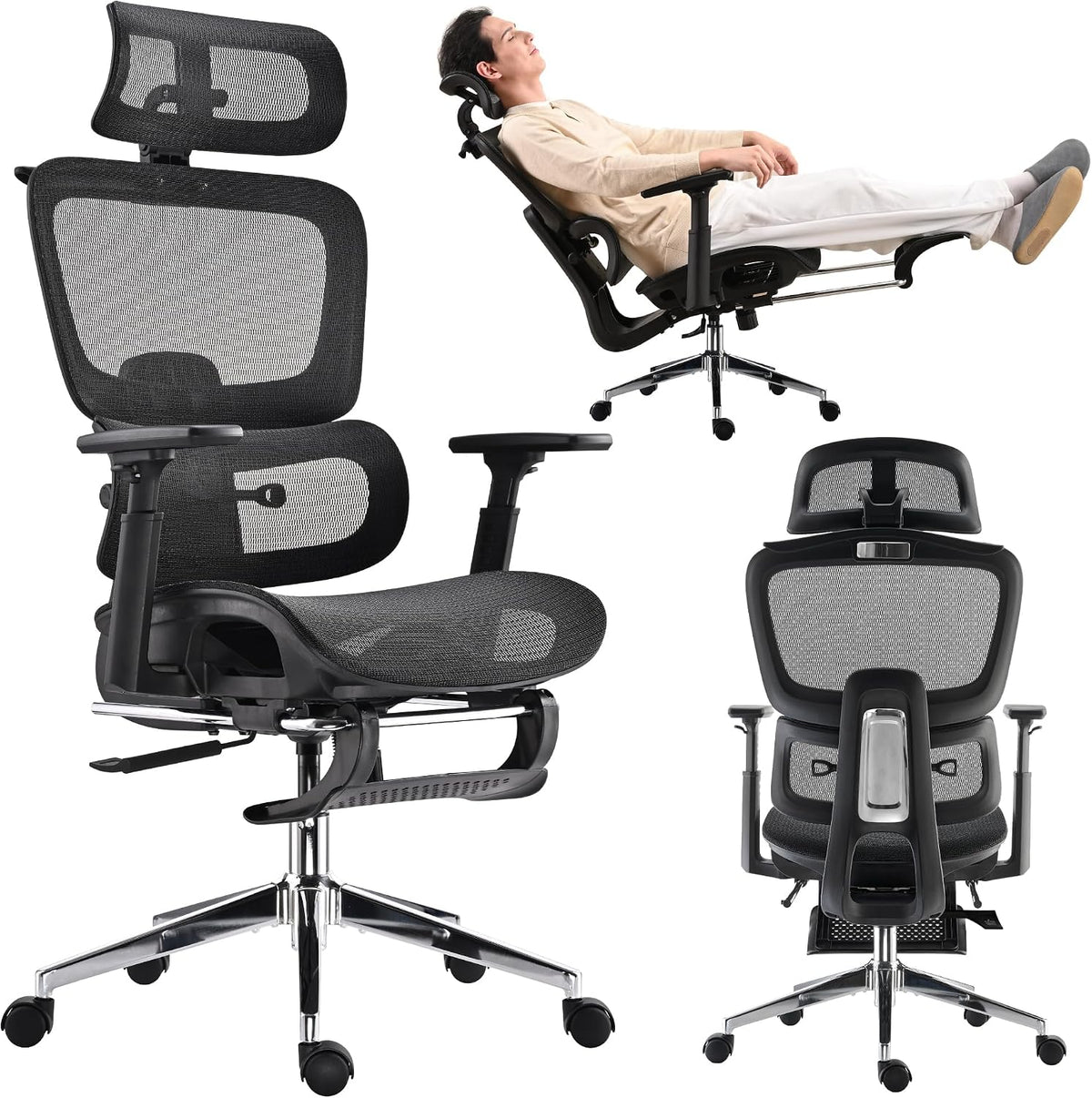 Mesh Ergonomic Office Chair with Footrest, Black