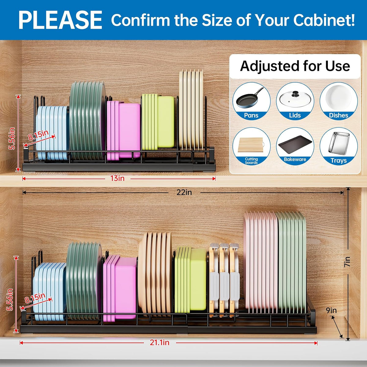 Expandable Food Container Lid Organizer with 9 Adjustable Dividers