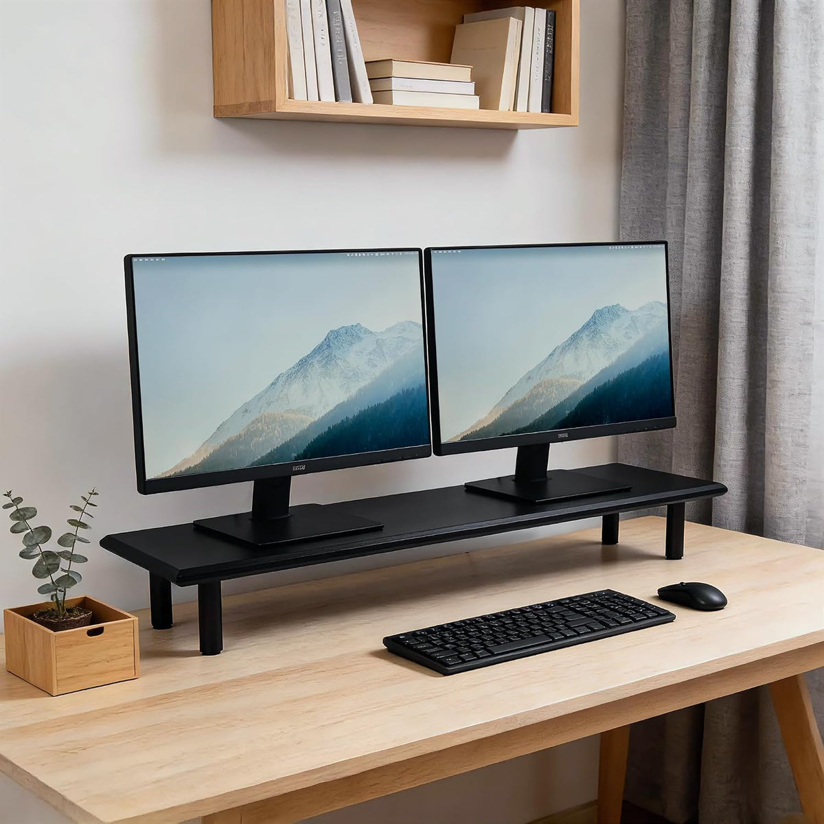 Bamboo Dual Monitor Stand Riser, Black Desk Shelf with Storage