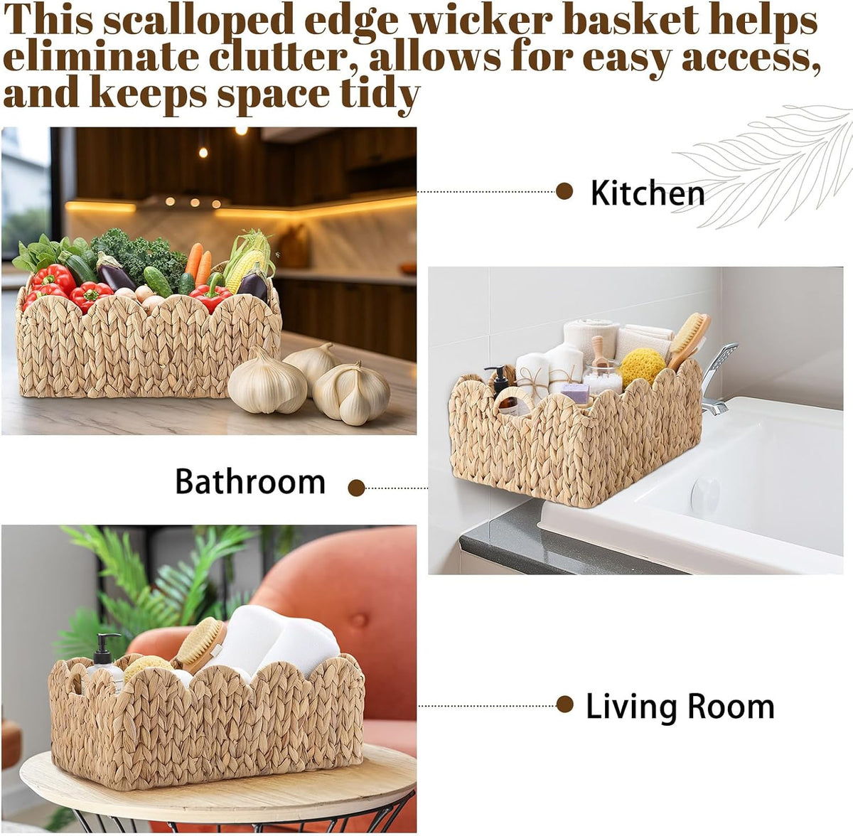 Scalloped Wicker Basket, 4-Section, Natural, Water Hyacinth