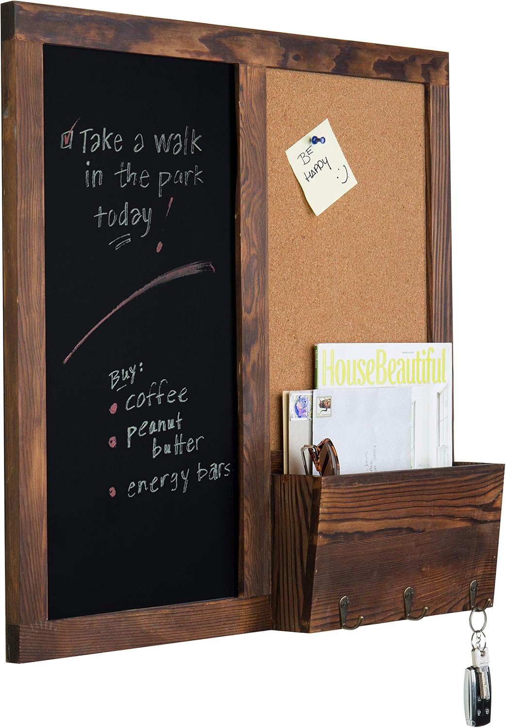 MyGift Rustic Dark Brown Wood Wall-Mounted Chalkboard with Cork Board, Mail S...