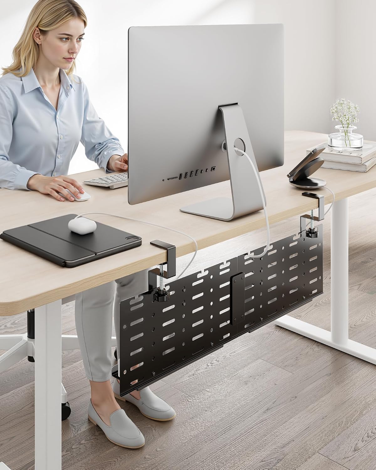 PEGZONE Under Desk Cable Management Tray, 30.2" No-Drill C-Clamp Pegboard