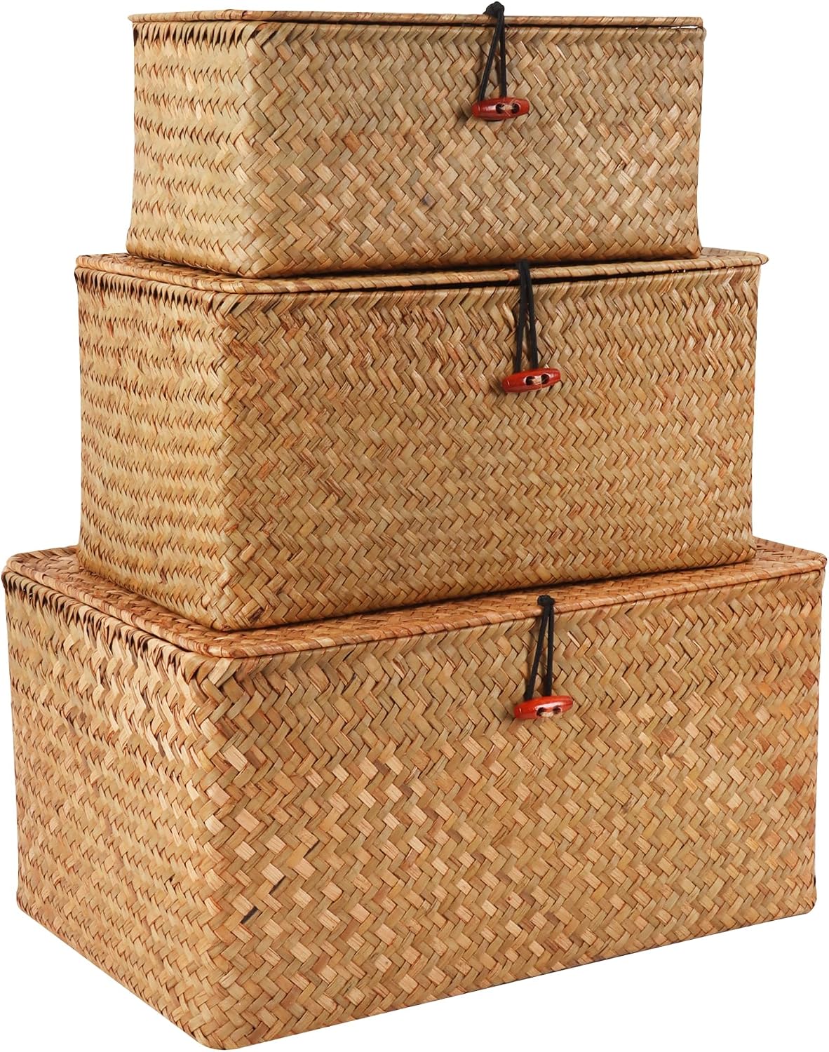 Moosky Wicker Shelf Baskets with Lid,Natural Seagrass Storage Basket Box
