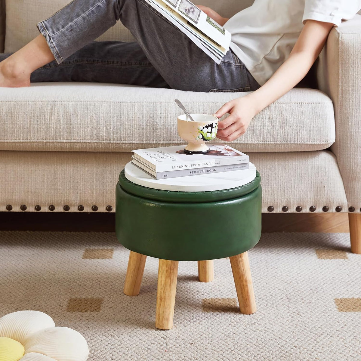 IBUYKE Small Foot Stool Ottoman with Storage, Round, Dark-Green WBD023GR