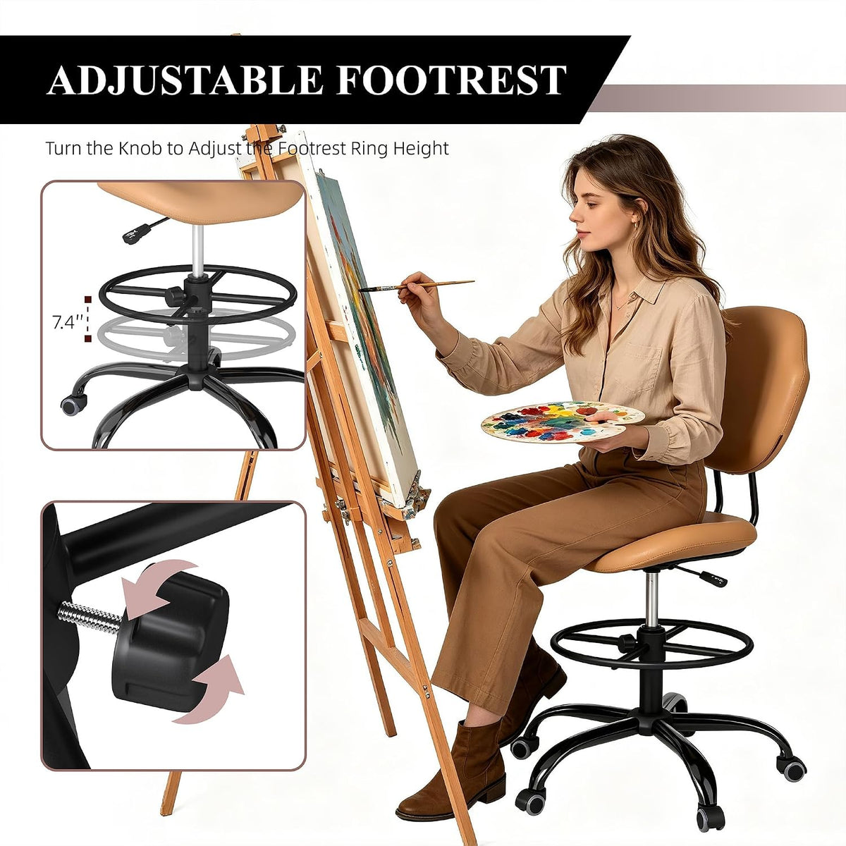 Drafting Chair with Back Support, Tall Desk Rolling Stool (Khaki, Set of 1)