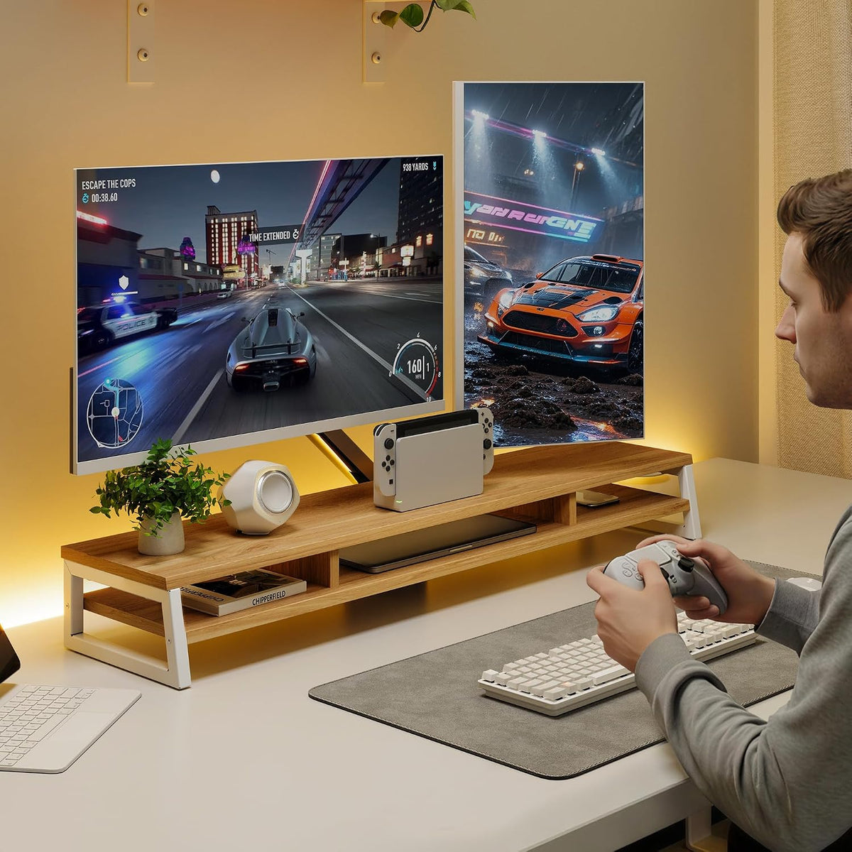 Fenge Dual Monitor Riser for Desk, Open Shelf with 3 Storage Compartments
