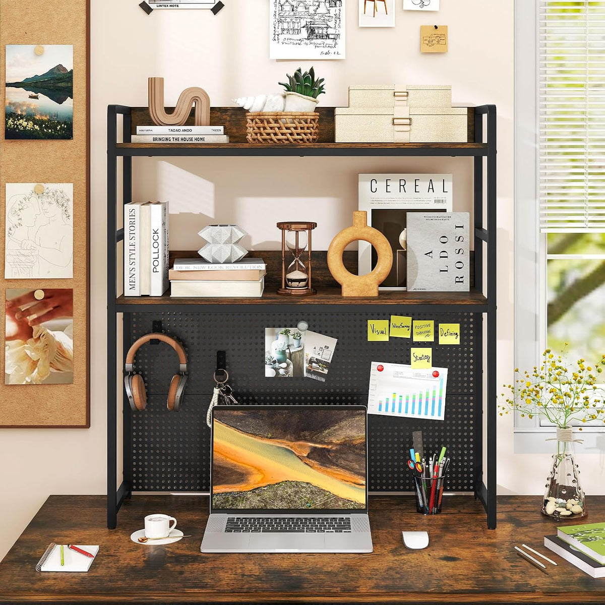 GIANTEX Desktop Bookshelf, 2-Tier Desk Hutch Dorm with Pegboard for up to 32&...