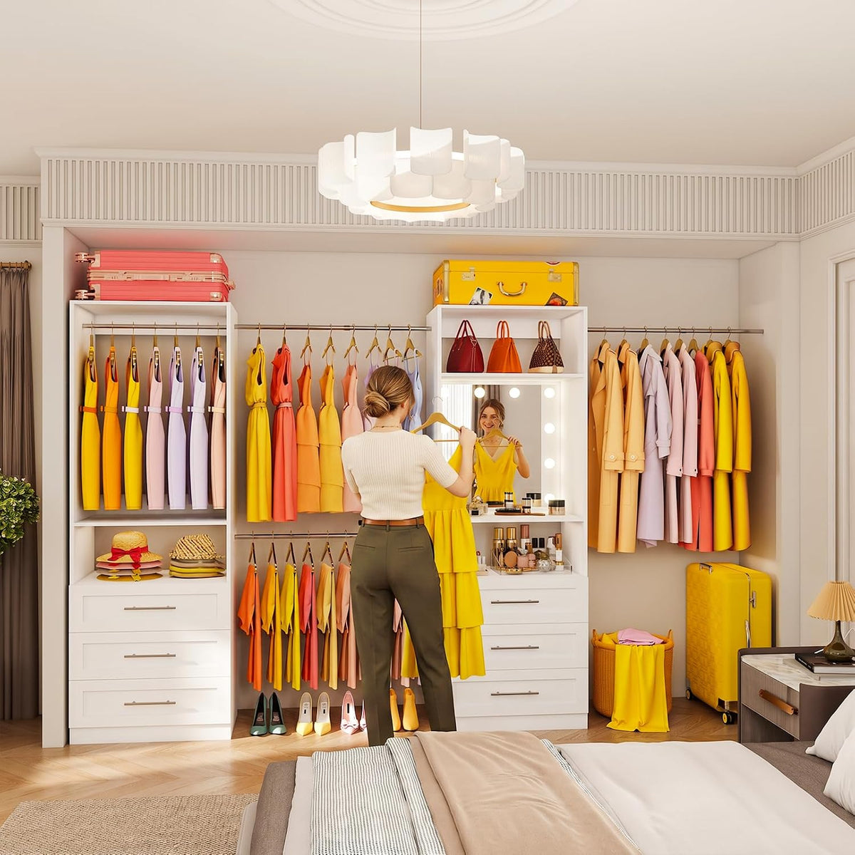 Closet System with 2 Sets, 4FT-15FT Closet Organizer System with 6 Drawers &a...