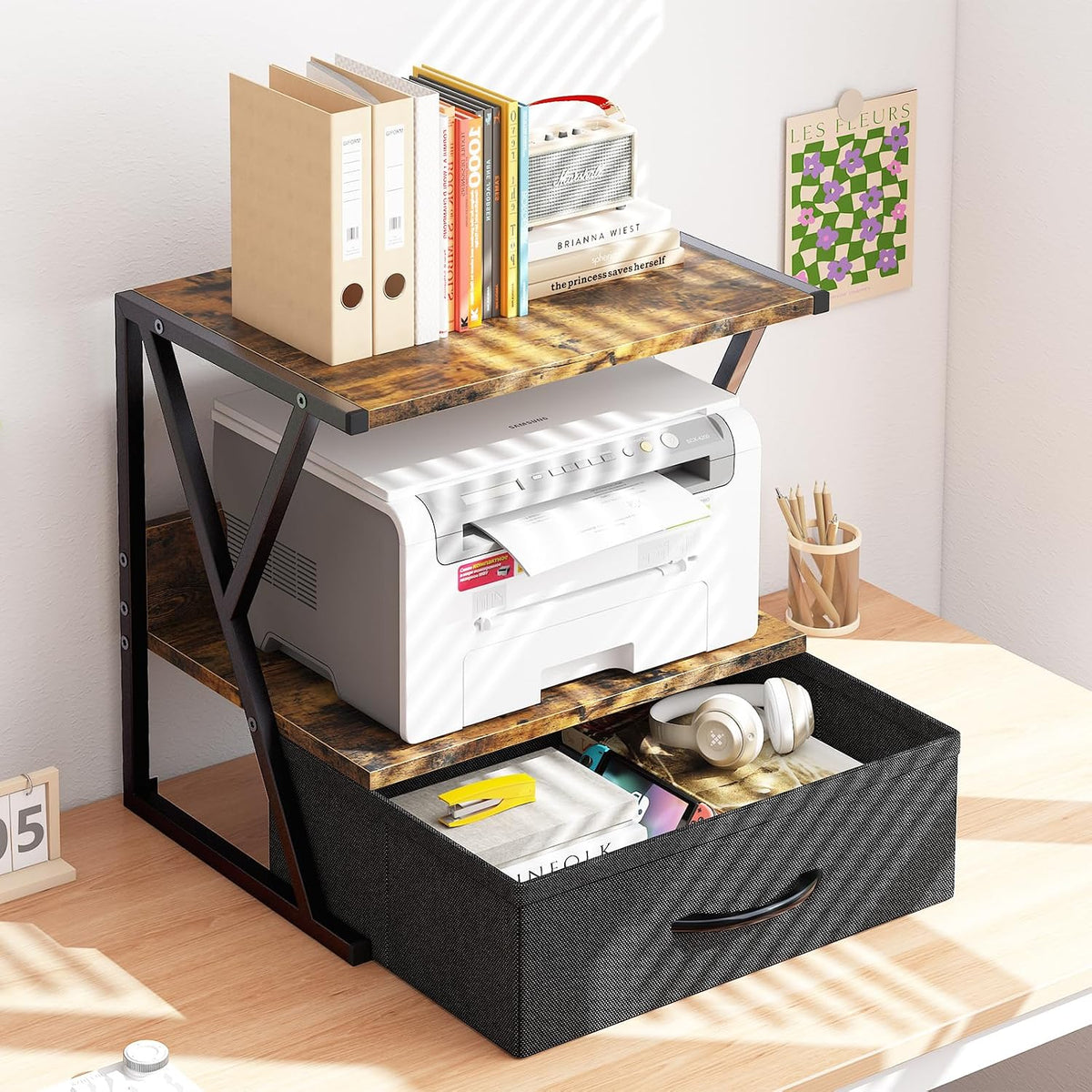 aboxoo Printer Stand for Desk with Storage Drawer, 2 Tier Desktop Or UnderDes...