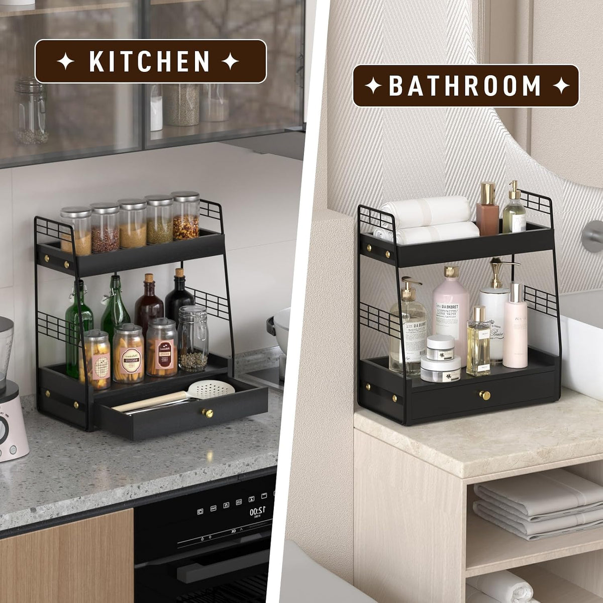 Coffee Bar Station Organizer with Drawer, 2-Tier Countertop Shelf (Black)