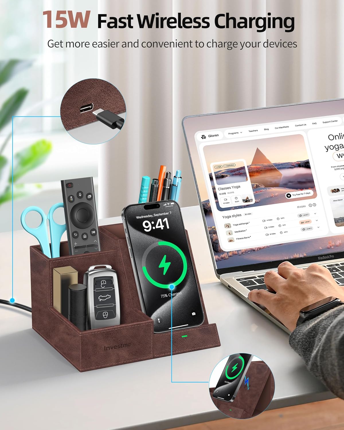Wireless Charger with Desk Organizer, 3 Compartments and 1 Phone Stand
